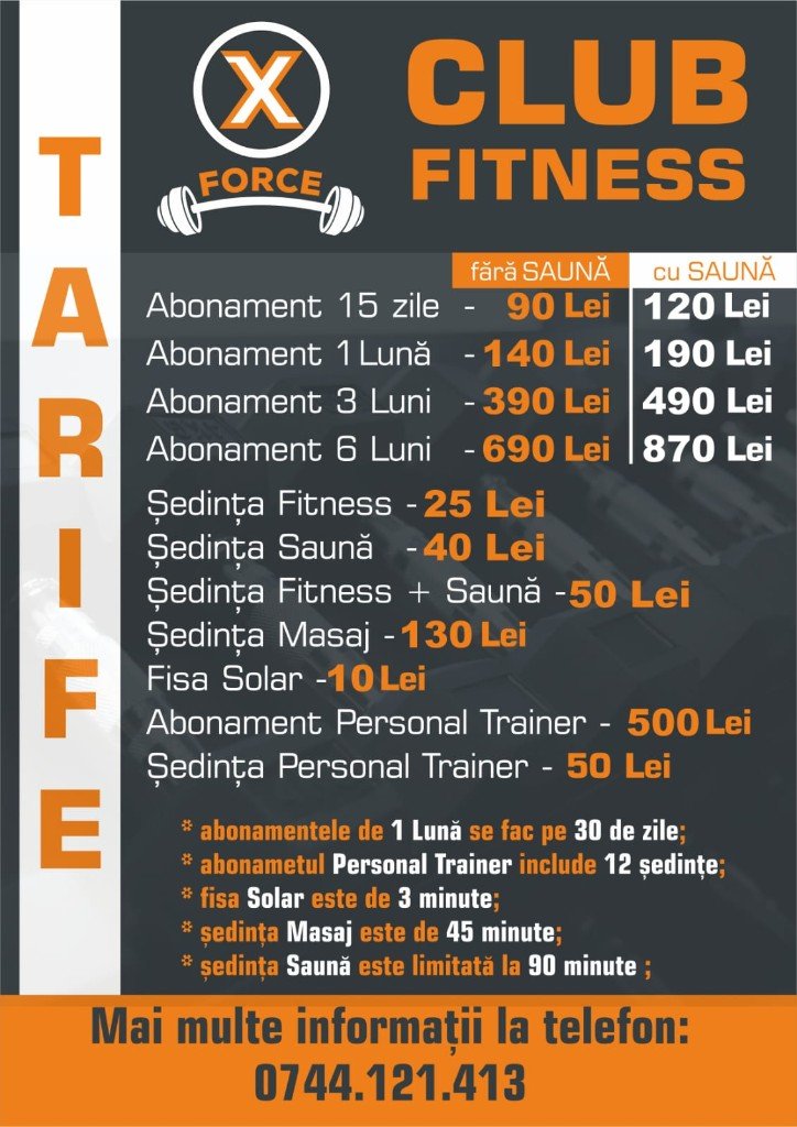 Tarife XForce Bacău – Lista completă abonamente sală fitness, saună, solar, masaj